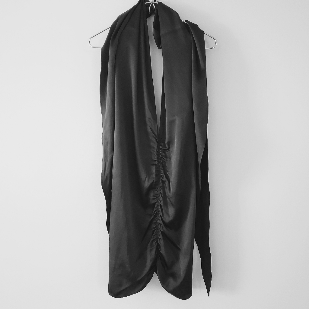 Foley Black Satin Silk Plunging V-Neckline Tie-Back Ruched Mini Dress Size S